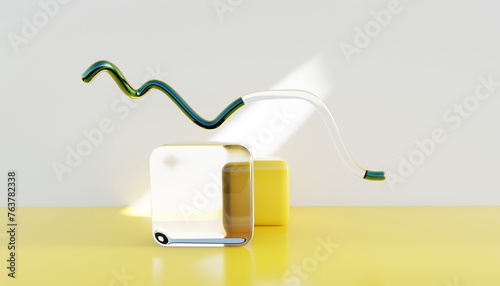 Geometric product presentation pedestal. A game of shapes and bright colors created by acrylic glass. Scene for beauty products, decorations, makeup and accessories. 3d.
