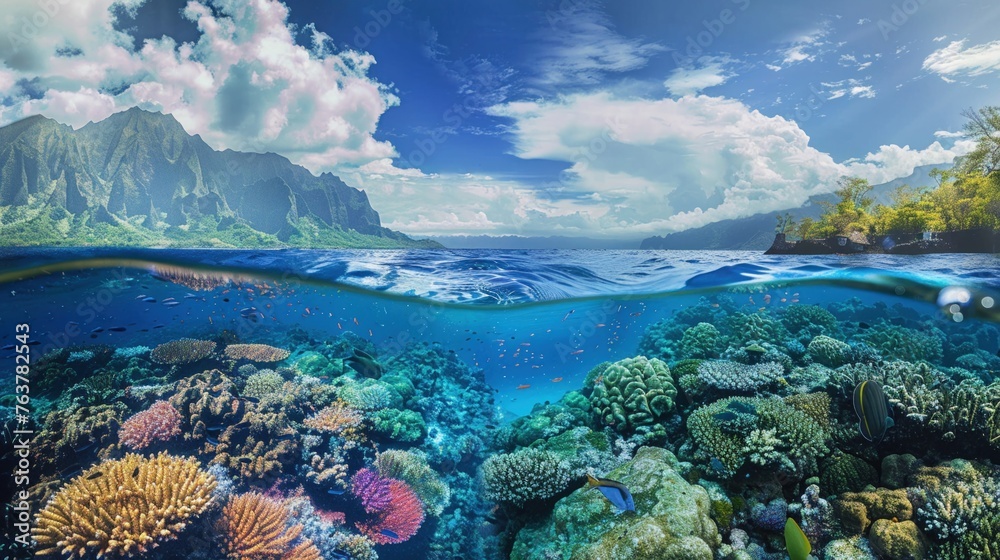A split view of a vibrant coral reef ecosystem both above and underwater