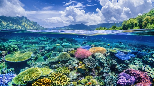 A split view of a vibrant coral reef ecosystem both above and underwater © Creative_Bringer