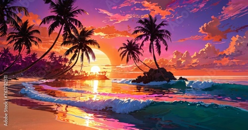 A stunning digital representation of an idyllic sunset over a small ocean isle  framed by lush palms. The scene is bathed in a spectrum of sunset colors  reflecting on the waves. AI generation