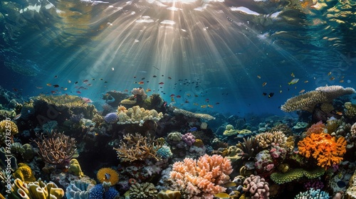A sunlit vibrant coral reef teeming with marine life photo