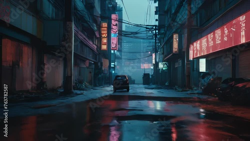 Nighttime scene of rain pouring down on the streets of Tokyo. Raindrops reflect light off buildings lined with neon signs, creating a dreamlike atmosphere.  photo