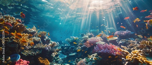 A sunlit vibrant coral reef teeming with marine life