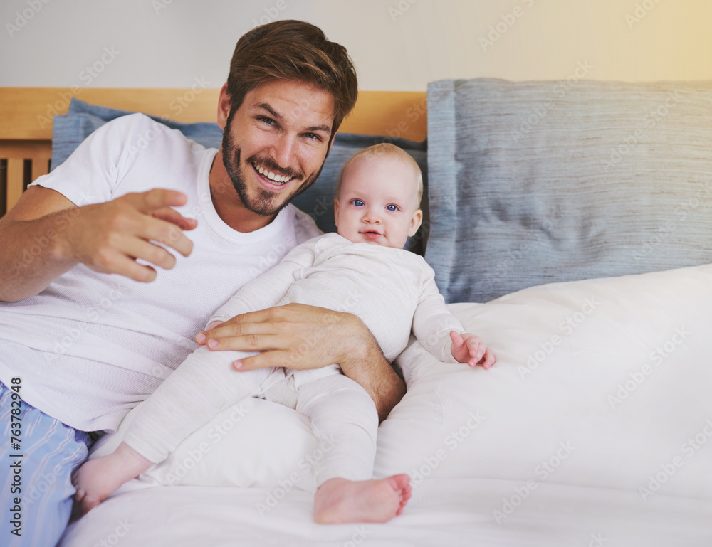 Family, bedroom and portrait of father with baby for bonding, relationship and love for parenting. Happy, home and dad relax with newborn infant for child development, support and care in house Family, bedroom and portrait of father with baby for bonding, relationship and love for parenting. Happy, home and dad relax with newborn infant for child development, support and care in house