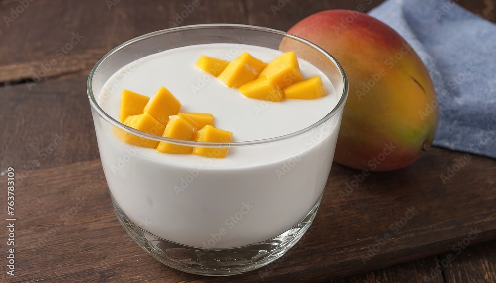 homemade sweet yogurt in a glass with mango on a wooden table homemade sweet yogurt in a glass with mango on a wooden table