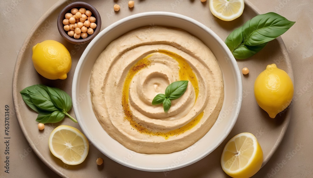 Hummus with olive oil and ground cumin in ceramic bowl served with lemons, basil and chickpeas over brown texture background Hummus with olive oil and ground cumin in ceramic bowl served with lemons, basil and chickpeas over brown texture background