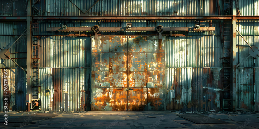 old rusty warehouse door and windows in old abandoned industrial building , A rusty building 
