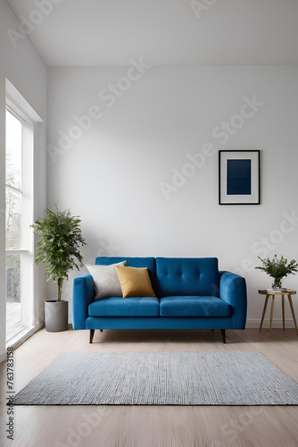 A pastel dark mat blue color sofa against white wall with white ceiling. Scandinavian loft home interior design of modern living room in minimalist studio apartment  near the window