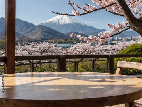 Sakura garden background with mountains. Empty table for product display.