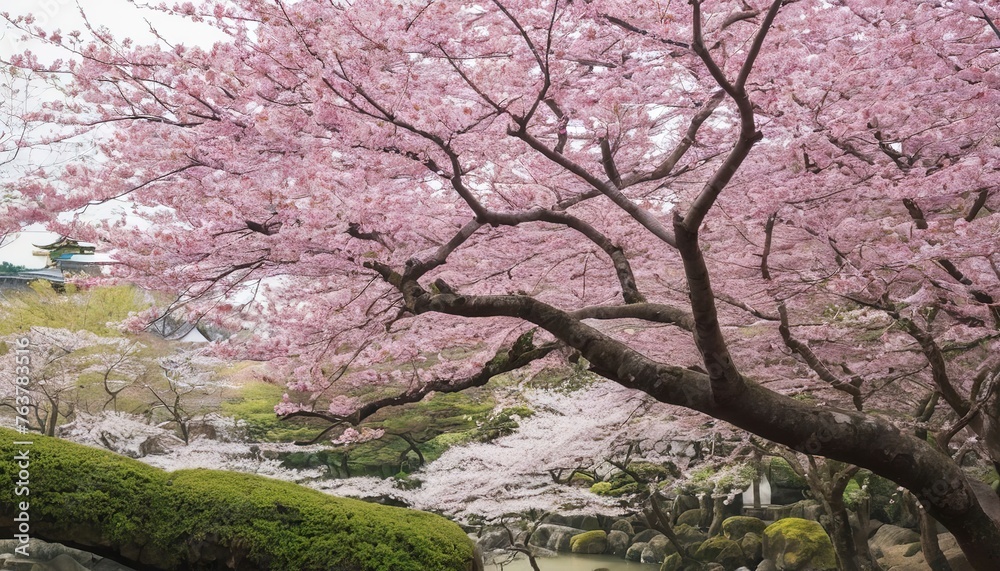 Pink blossom branches in full bloom in Spring, Kyoto Gyoen Garden Pink blossom branches in full bloom in Spring, Kyoto Gyoen Garden
