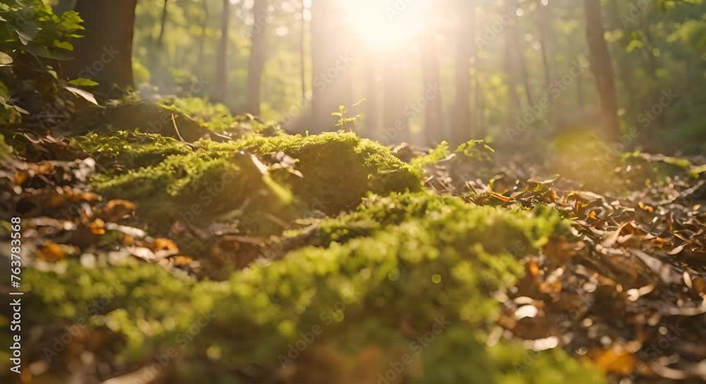 raggi di sole che penetrano nella foresta, leggera nebbiolina data dall'umidità, sfondo mistico della natura, sentiero visto dal basso in mezzo a foglie e muschio della foresta