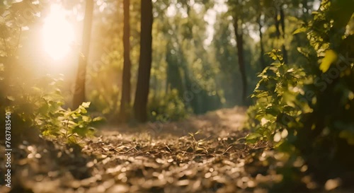 raggi di sole che penetrano nella foresta, leggera nebbiolina data dall'umidità, sfondo mistico della natura, sentiero visto dal basso in mezzo a foglie e muschio della foresta photo