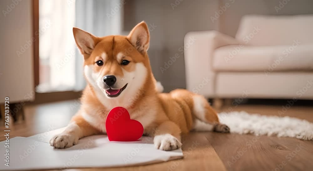 grosso cane tipo akita con un cuore rosso tra le zampe sul tappeto di casa, amore 