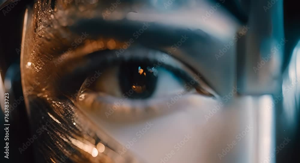 occhio digitale umano di donna che rappresenta l'intelligenza artificiale, concetto di sicurezza informatica tramite l'AI, donna cibernetica con sfondo luminescente di dati