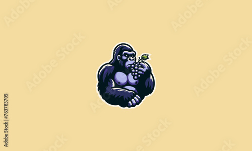 head gorilla eat grape vector mascot design