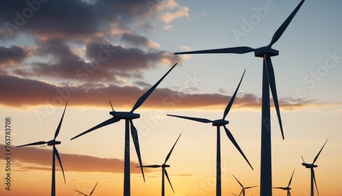 Silhouettes of wind turbines stand against a vibrant twilight sky, illustrating the harmony of technology and nature. The scene captures a sustainable future as the day ends. AI generation AI
