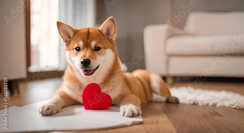 grosso cane tipo akita con un cuore rosso tra le zampe sul tappeto di casa, amore  photo