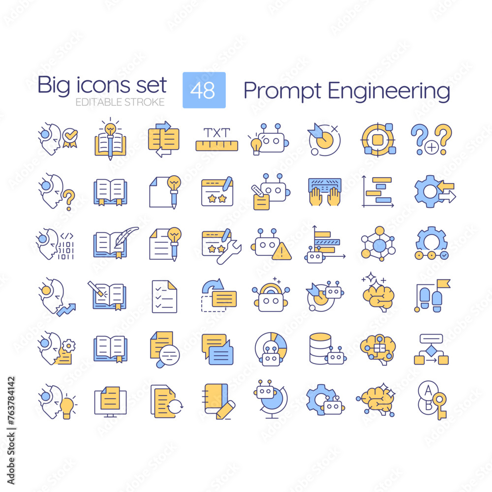 Fototapeta premium Prompt engineering RGB color icons set. Design instructions. Test and optimize tasks. Chatbot interaction. Isolated vector illustrations. Simple filled line drawings collection. Editable stroke