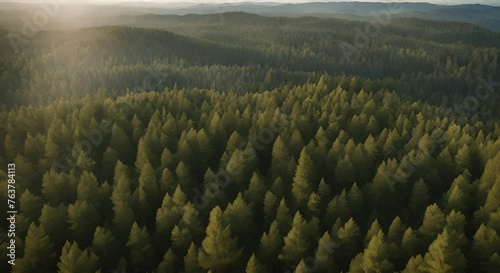 veduta aerea di foresta di conifere , panorama rilassante di alberi visti dall'alto, Volo su una valle di alberi verdi.  photo