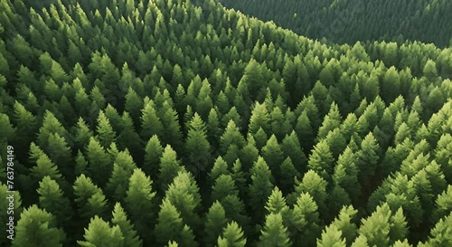 veduta aerea di foresta di conifere , panorama rilassante di alberi visti dall'alto, Volo su una valle di alberi verdi.  photo