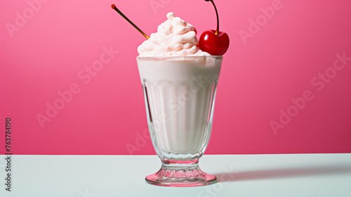 A creamy milkshake with a cherry on top.