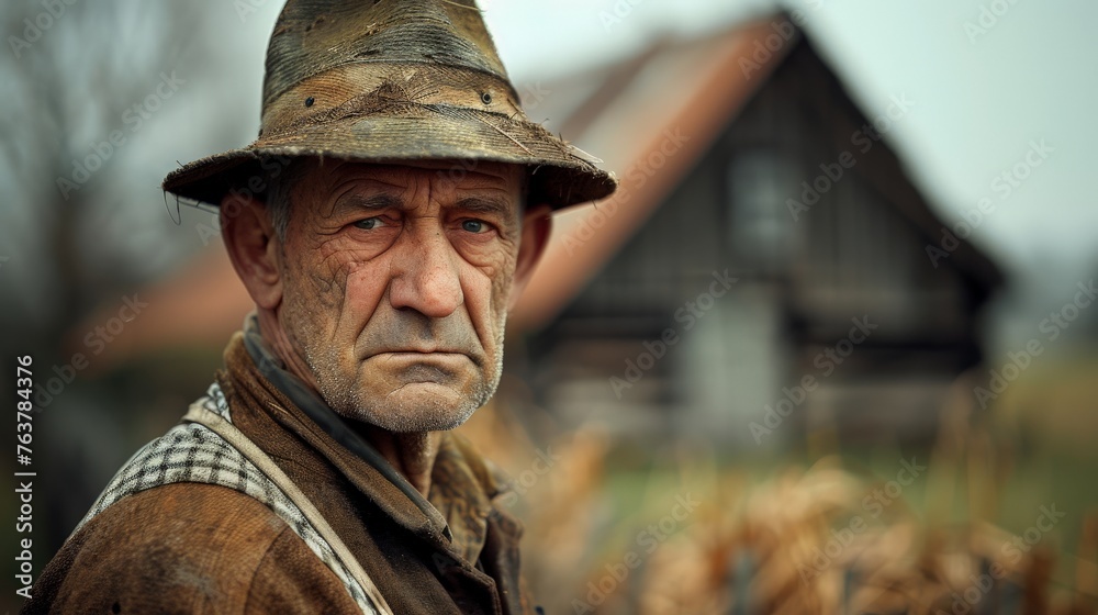 wide angle portrait of a poor old german farmer in front of a barn