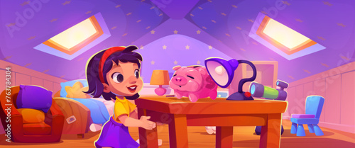 Girl child and piggy bank on table for save money. Pig moneybox for baby financial education and saving learning. Cute little kid budget and investment in house room interior cartoon illustration
