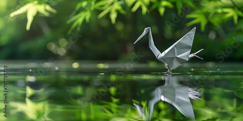  Paper crane that is standing on a rive in forest background 