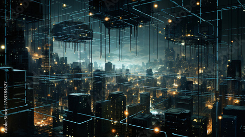 A cybernetic cityscape where skyscrapers are connected