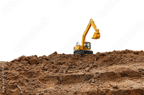 Crawler Excavator is digging soil in the construction site with bucket lift up on isolated white background.