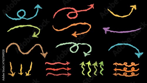 Set of colorful hand drawn style with crayon brush pointer animation transparent background. Variety of doodle charcoal arrows footage video. Freehand different sketch curved swirls lines 4K animate. 
