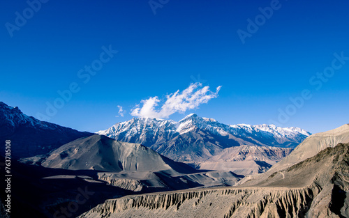 Landscape view of snow covered mountains in Nepal. photo