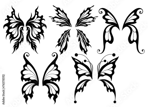 Vector set of black silhouette butterfly wings. Collection of line art monochrome different elf wings isolated from background. Fairy tale design elements for icon and stickers