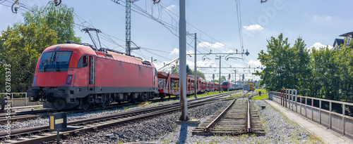 Train crash - modern electric locomotive tore the catenary system or electrical feed. Pantograph of a locomotive got caught in the wires and tore down the whole overhead line