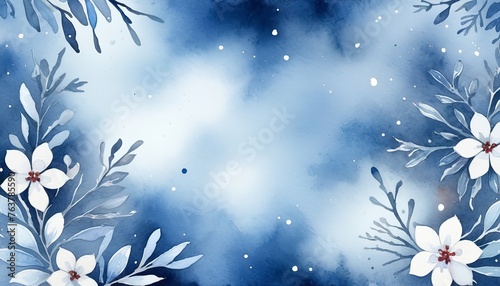 Floral winter watercolor background in blue with beautiful snow