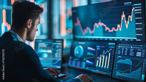 Close-up of a financial analyst's hands using a tablet to navigate data on a futuristic holographic interface