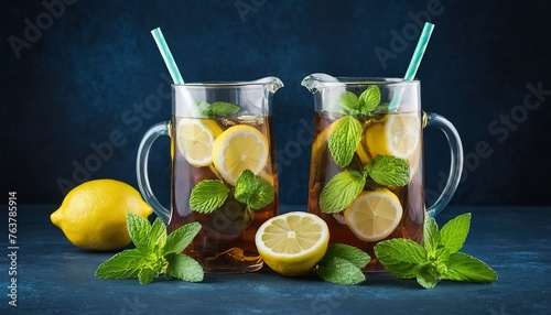 Ice tea with limes, lemons and mint over dark blue texture background