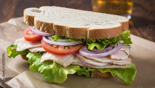 Homemade Turkey Sandwich with Lettuce, Tomato, and Onion