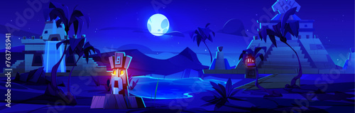 Old temple in Egypt desert landscape at night. Ancient architecture and palm tree near oasis lake. Tiki or arab palace under stars in blue sky. Mythology traditional nature and archeology scene