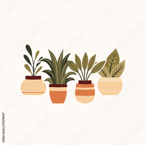 Vector cozy illustration of home plants in clay pots in flat style. Composition of flowerpots in gentle beige colors. Home hobby and flower shop.