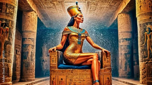 The beautiful Egyptian goddess-pharaoh Hatshepsut sits on a golden throne in the Dendera temple photo