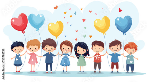 Kids holding balloons in the background flat vector