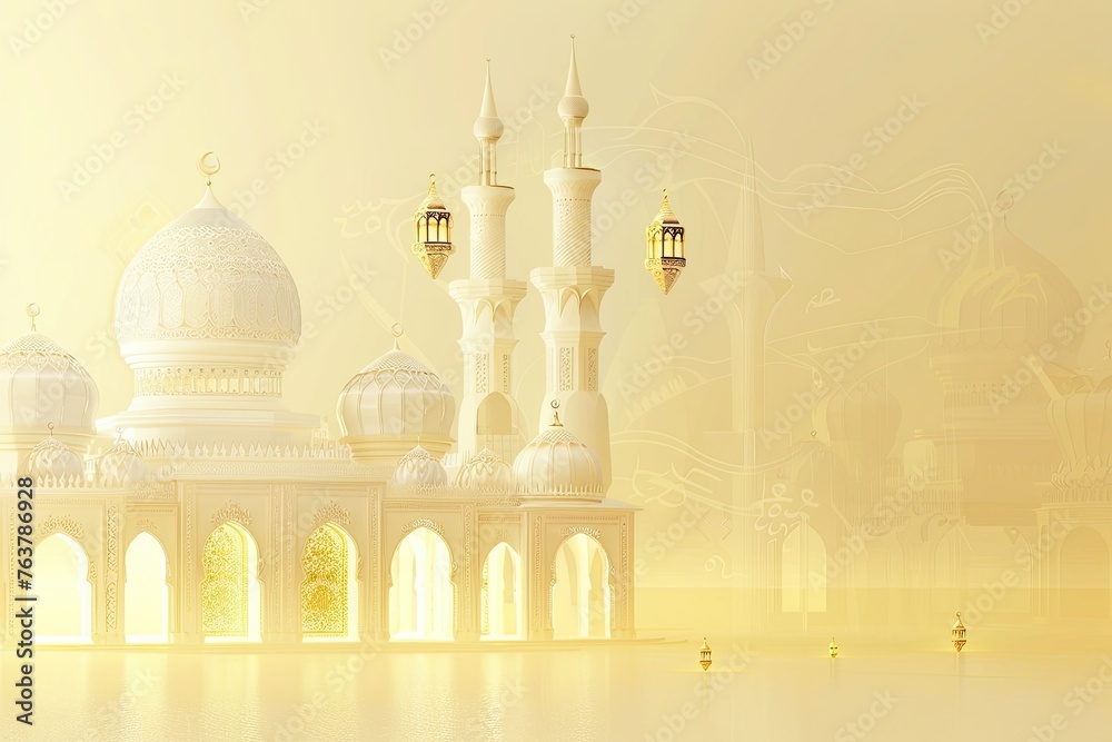  light yellow wallpaper desktop with white mosque and small islamic lantern floating on top 