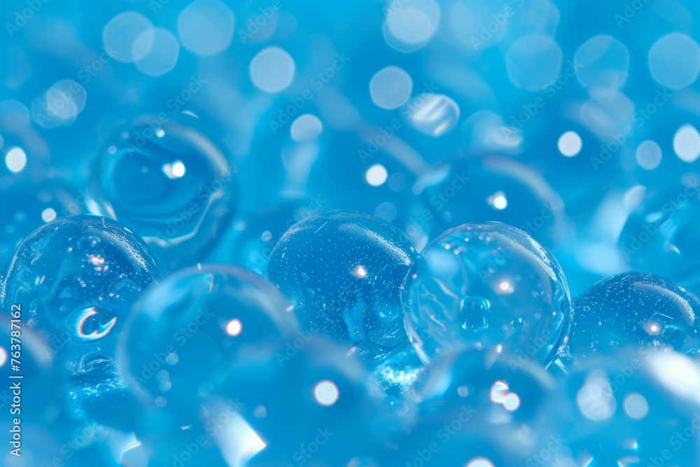 Macro of blue gel balls. Watery polymer hydrogel background. Generative AI