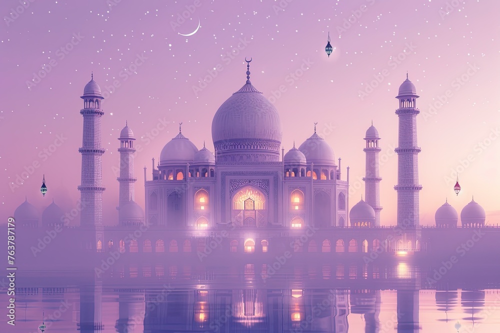  light purple wallpaper desktop with white mosque and small islamic lantern floating on top 