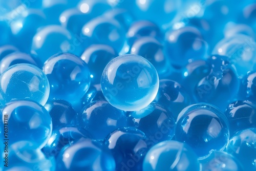 Macro of blue gel balls. Watery polymer hydrogel background. Generative AI photo