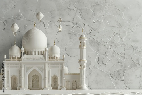  light grey wallpaper desktop with white mosque and small islamic lantern floating on top photo