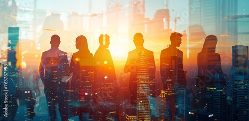 Double exposure of business people in silhouettes and a cityscape background, symbolizing corporate development and teamwork.  © ArtisanSamurai