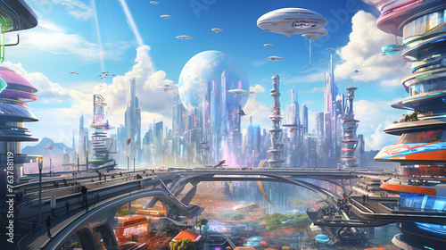 A futuristic cityscape with holographic advertisements