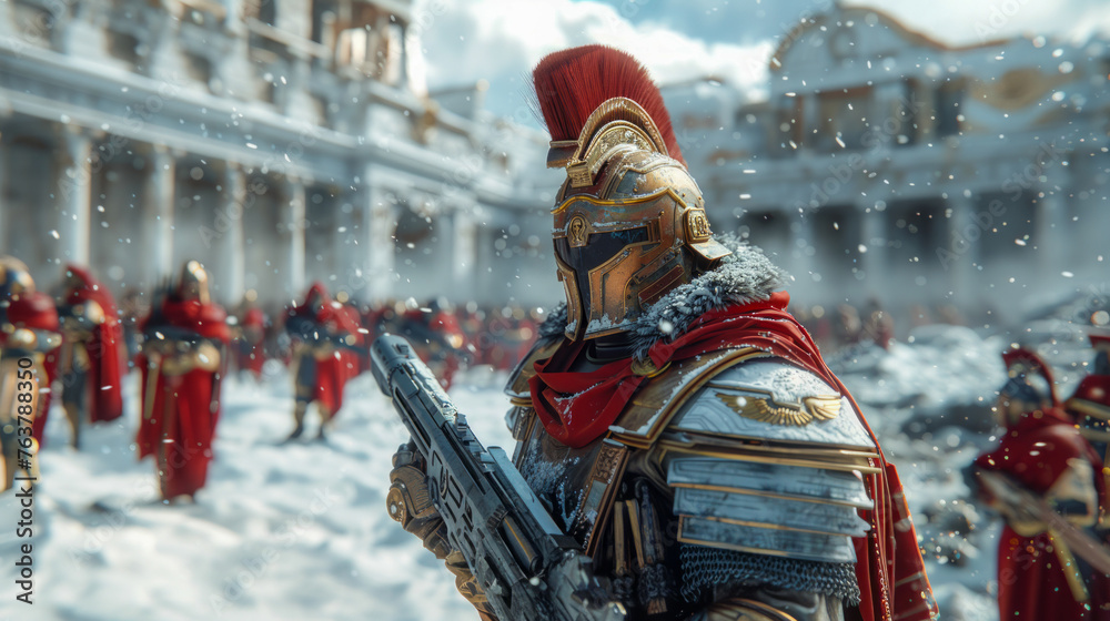 Roman soldier in ornate armor during snowfall